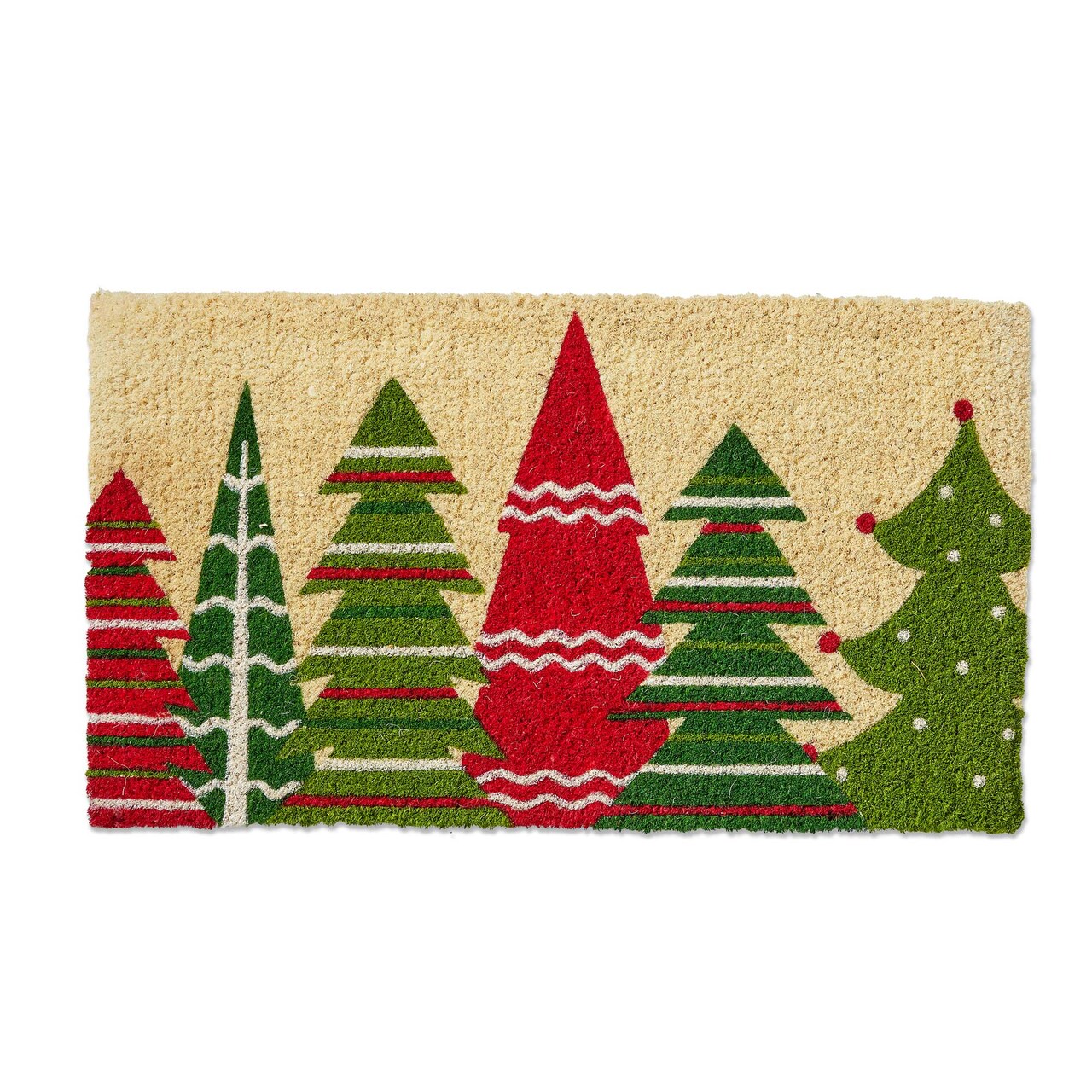 Happy Christmas Trees Coir Door Mat - Natural Multicolor Doormat, 30" x 17" x 1" - Easy to Clean